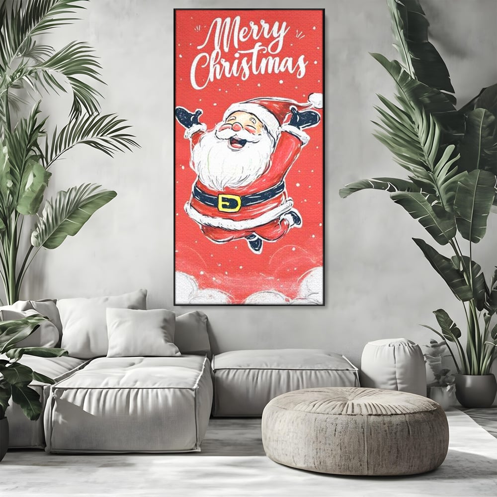 Tablou canvas cu ilustratie cu mos craciun zambind, in rama de aluminiu negru, pe perete intr-un living